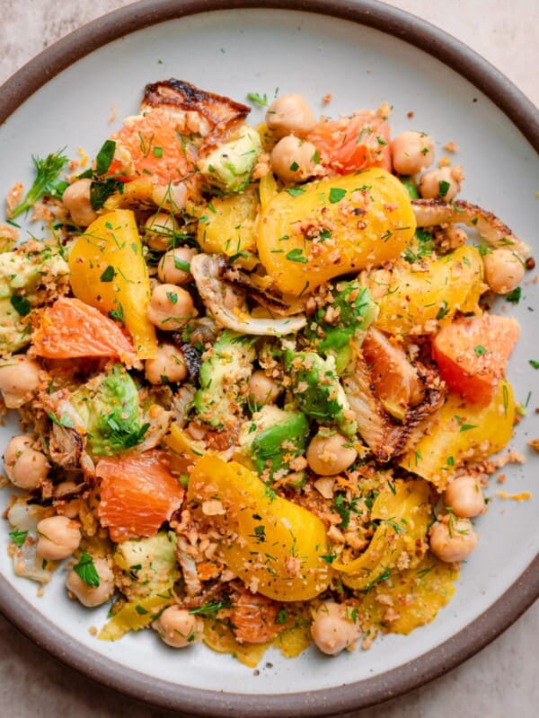 closeup shot of roasted beet and fennel salad with avocado and citrus.