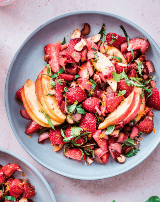 strawberry rhubarb salad on a plate.