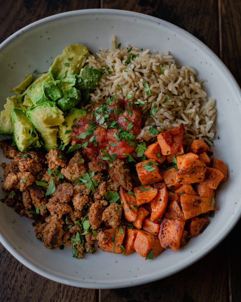 walnut mushroom meat with sweet potatoes, avocado and brown rice