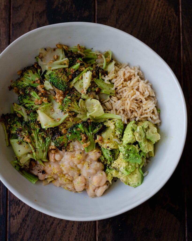 bowl of brococli and brown rice with white beans