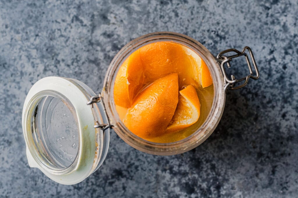 preserved lemon peels in glass jar