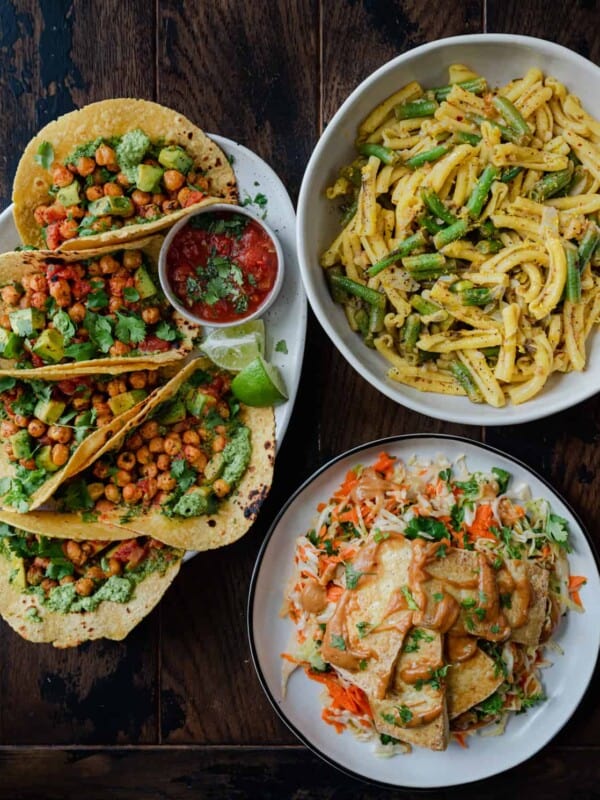 three 20 minute meals on a wooden board