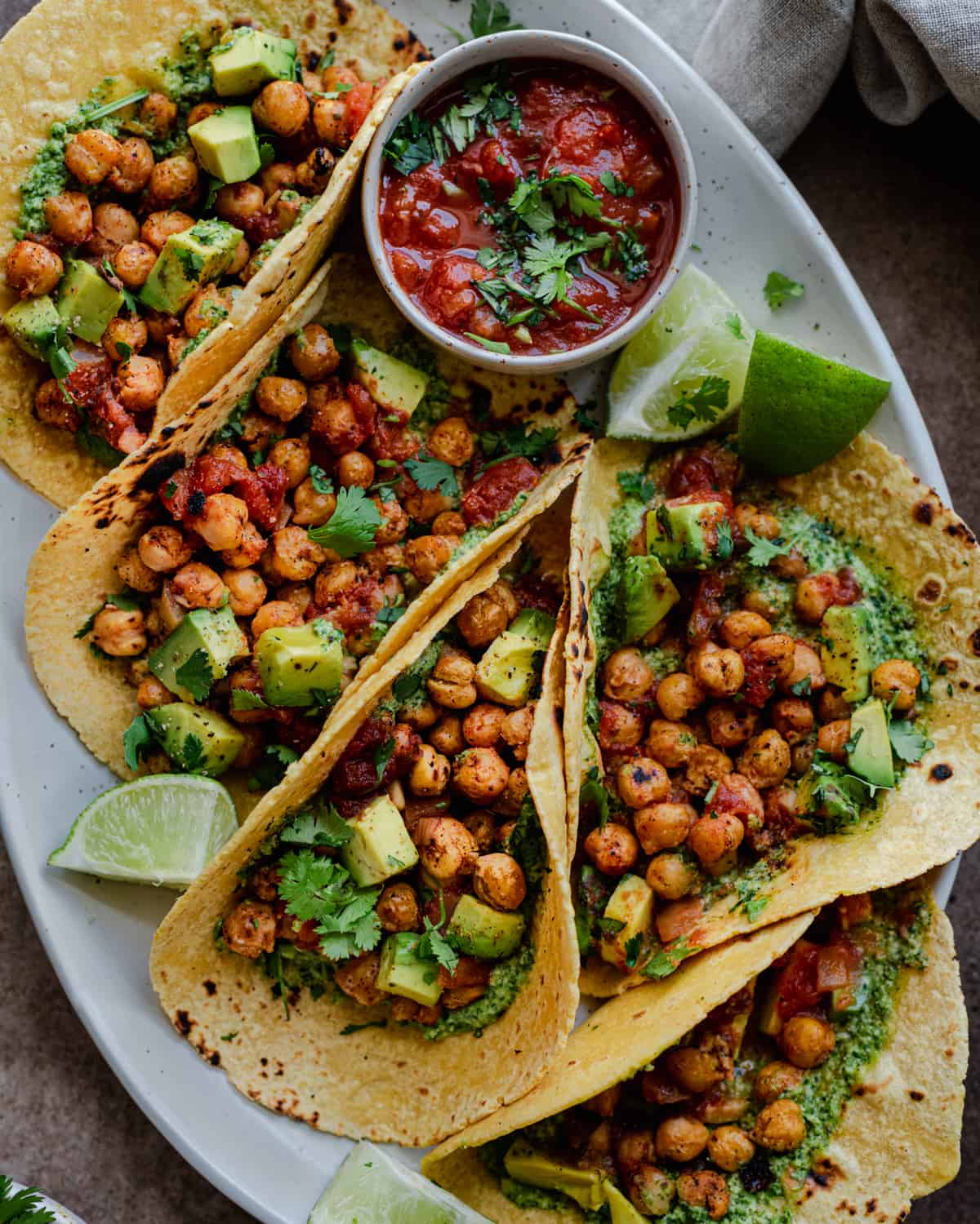 chickpea tacos with cilantro pesto and salsa