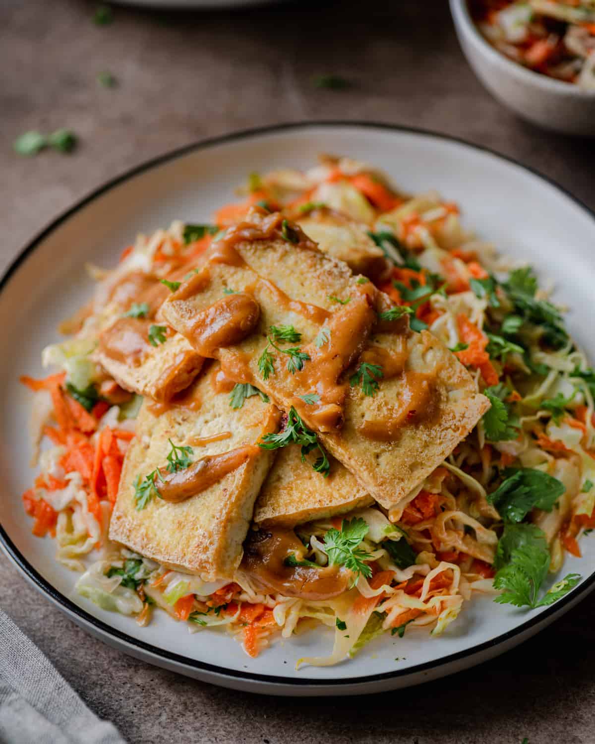 crispy tofu with peanut sauce over cabbage slaw