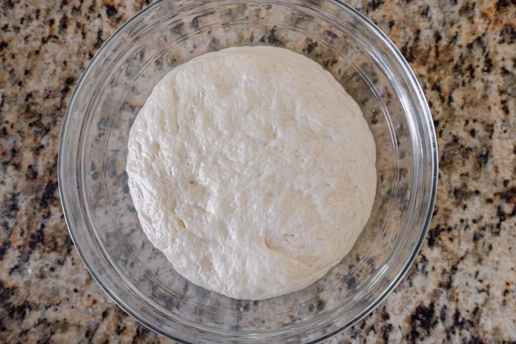 risen naan dough in bowl