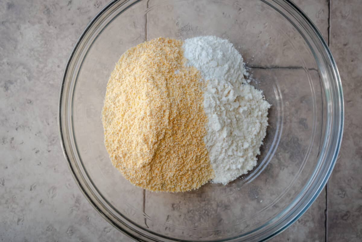 cornmeal and flour in large bowl