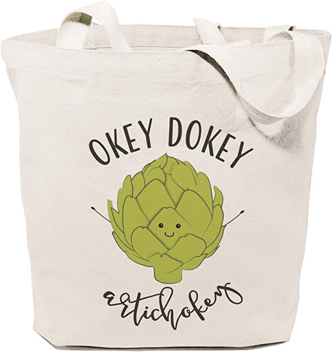 Okey Dokey Artichokey Tote bag on white backdrop.