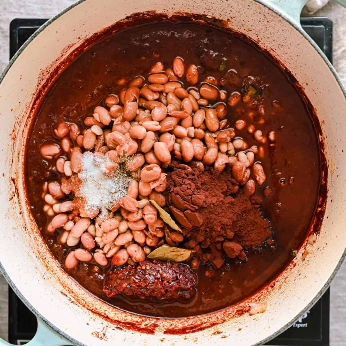 pinto beans, cocoa powder, chipotle peppers and bay leaves added to chili