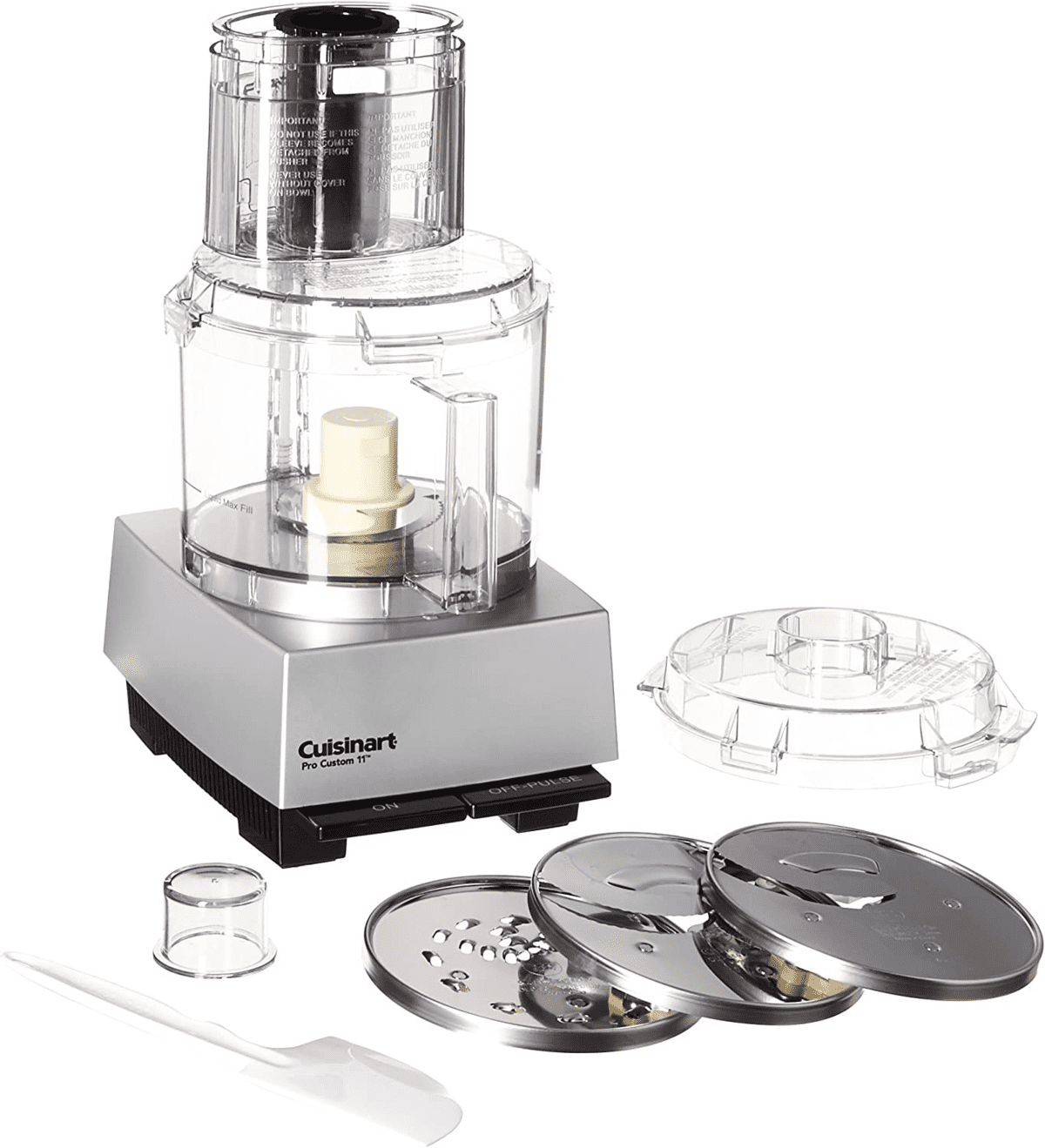 Cuisinart Food Processor with attachments next to it with white backdrop.