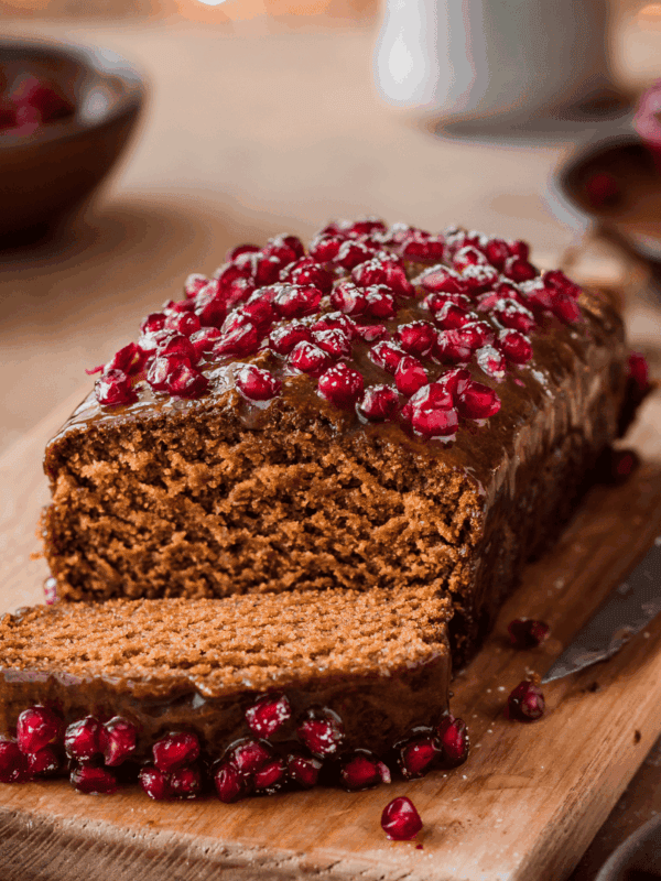 vegan gingerbread cake on cutting board
