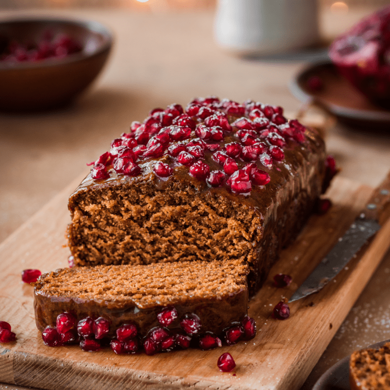 vegan gingerbread cake on cutting board