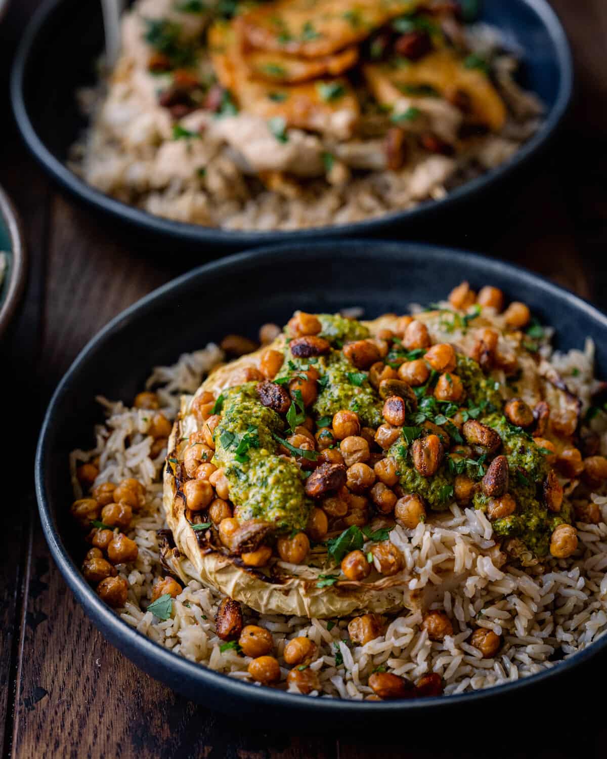 cabbage steak with pesto and roasted chickpeas 