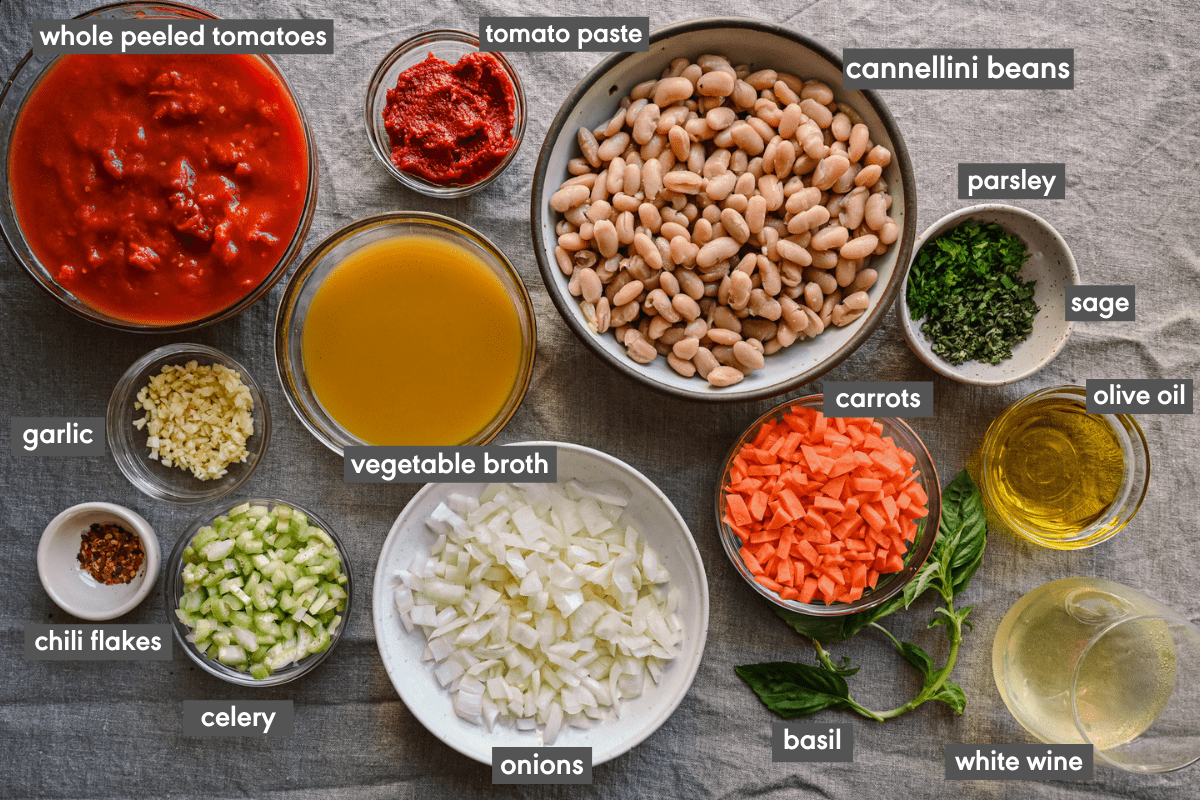 ingredients for livornese stewed beans with ingredients labeled