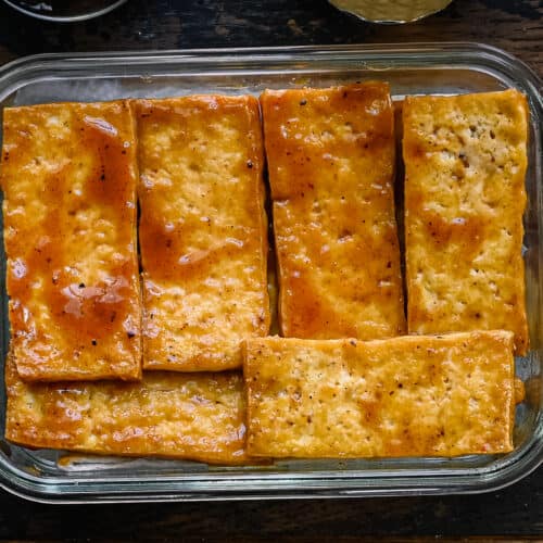 maple glazed tofu in glass container