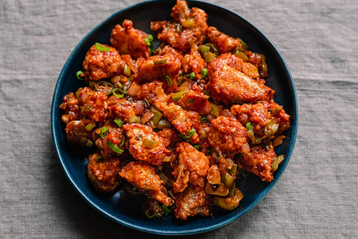 baked Gobi Manchurian in blue bowl