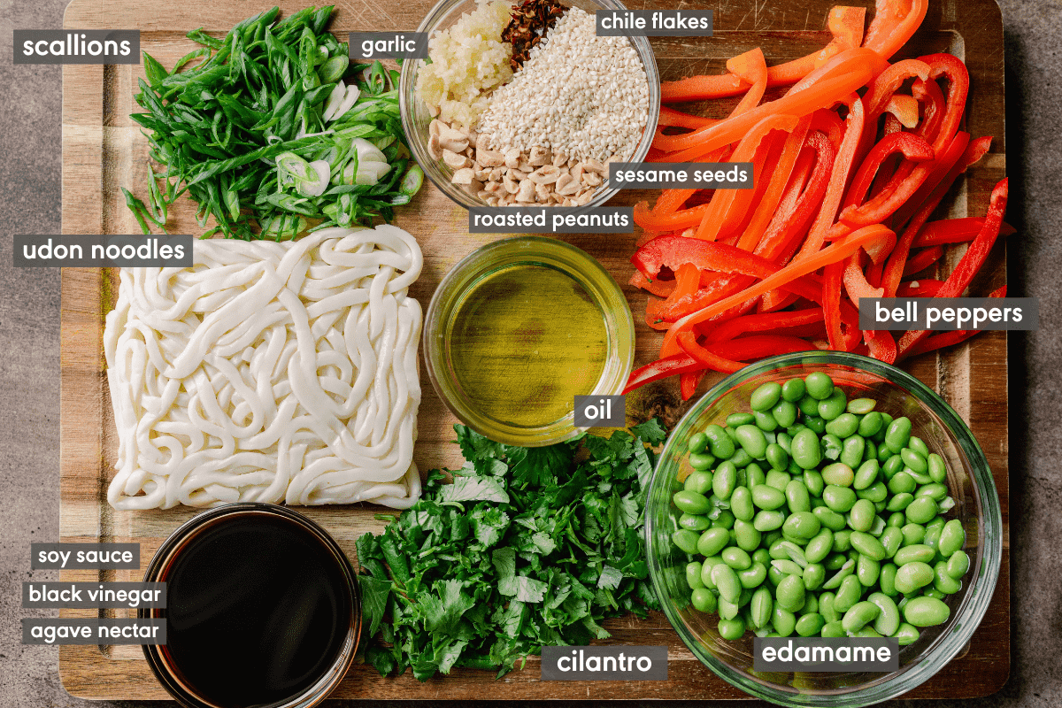 ingredients for vegan noodles with ingredients labeled