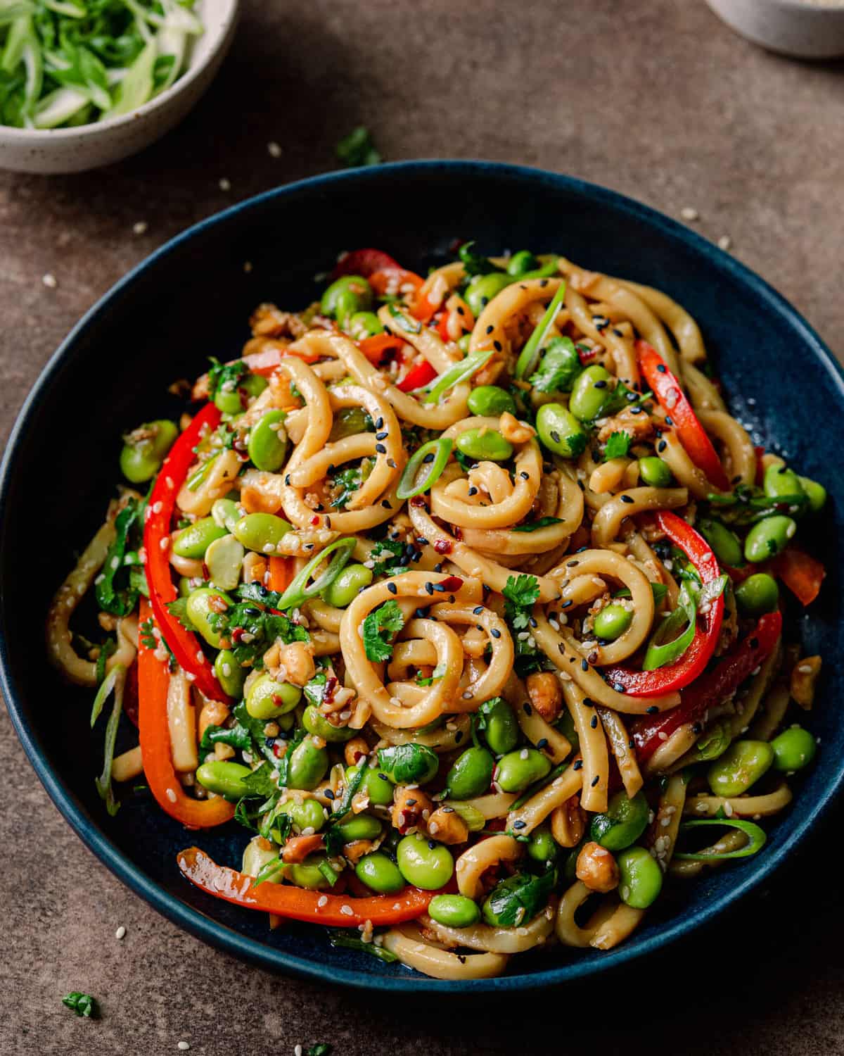 vegan noodles with chili garlic sauce and bell peppers in navy blue bowl on brown backdrop, with bowl of scallions