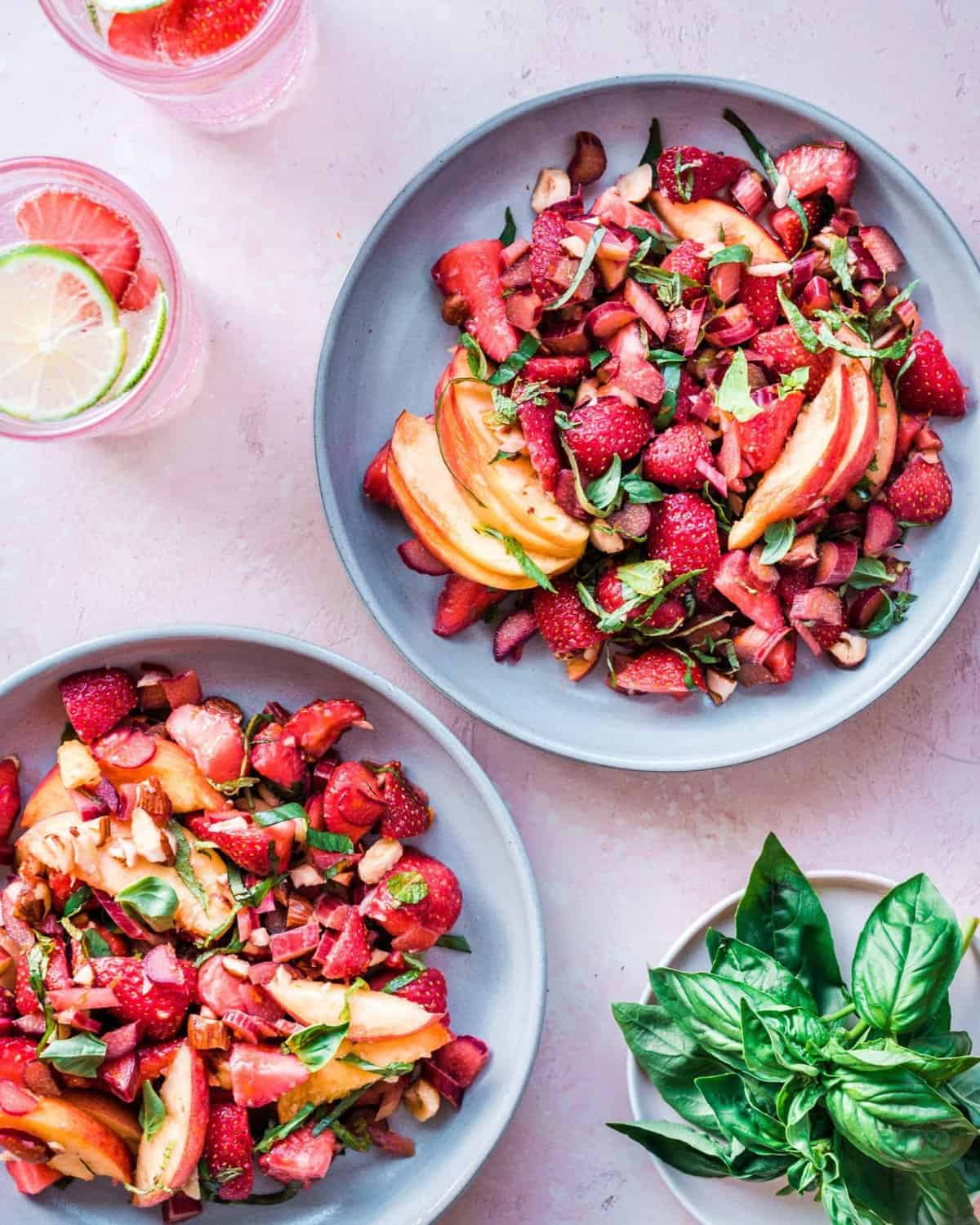 two bowls of strawberry rhubarb salad.