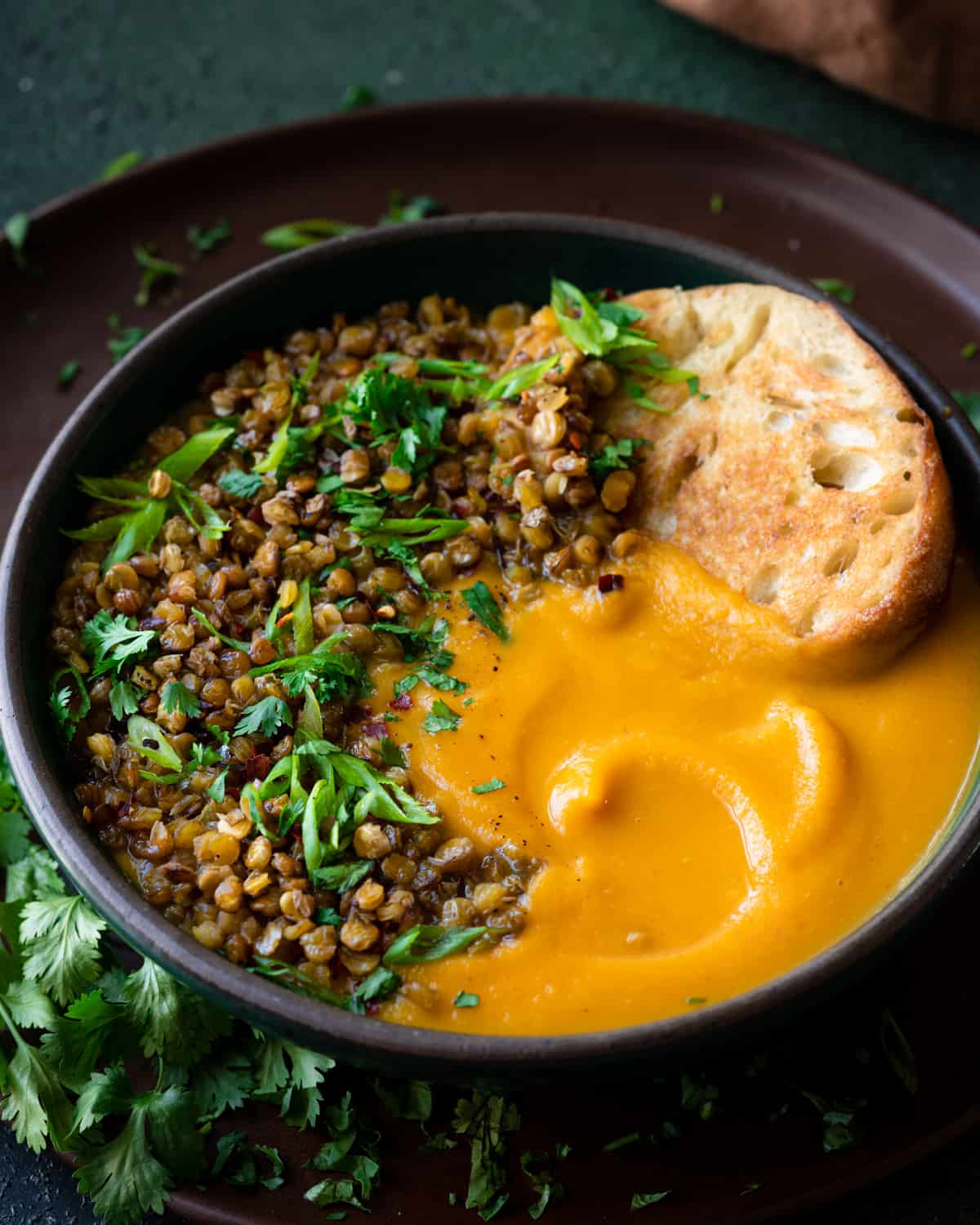 creamy vegan butternut squash soup topped with crispy lentils, fresh herbs, and served with bread in bowl.