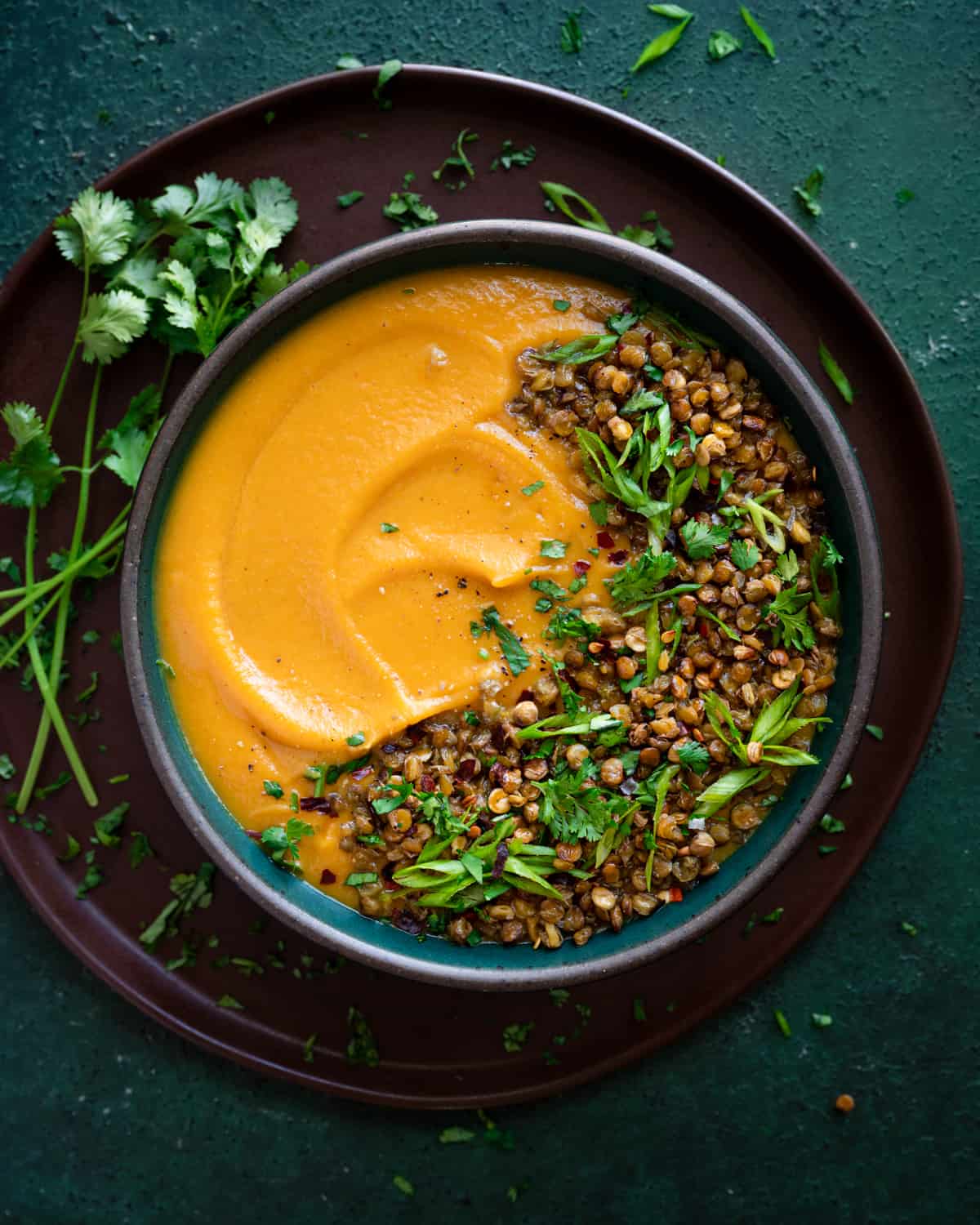 butternut squash soup topped with crispy lentils, fresh herbs, and served with bread in bowl on top of brown plate.