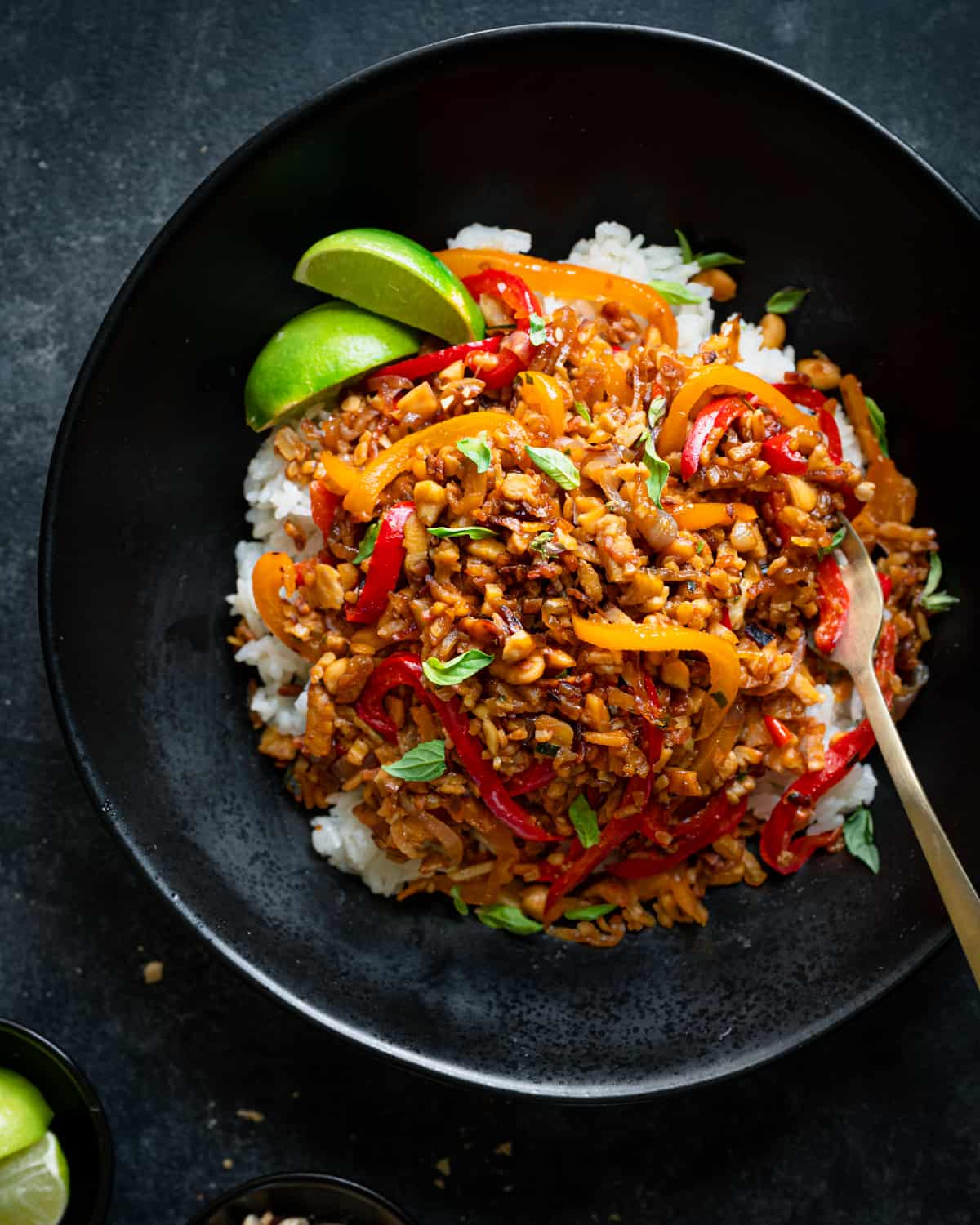 tempeh kecap stir fry with peanuts in a black bowl over white rice with lime wedges.