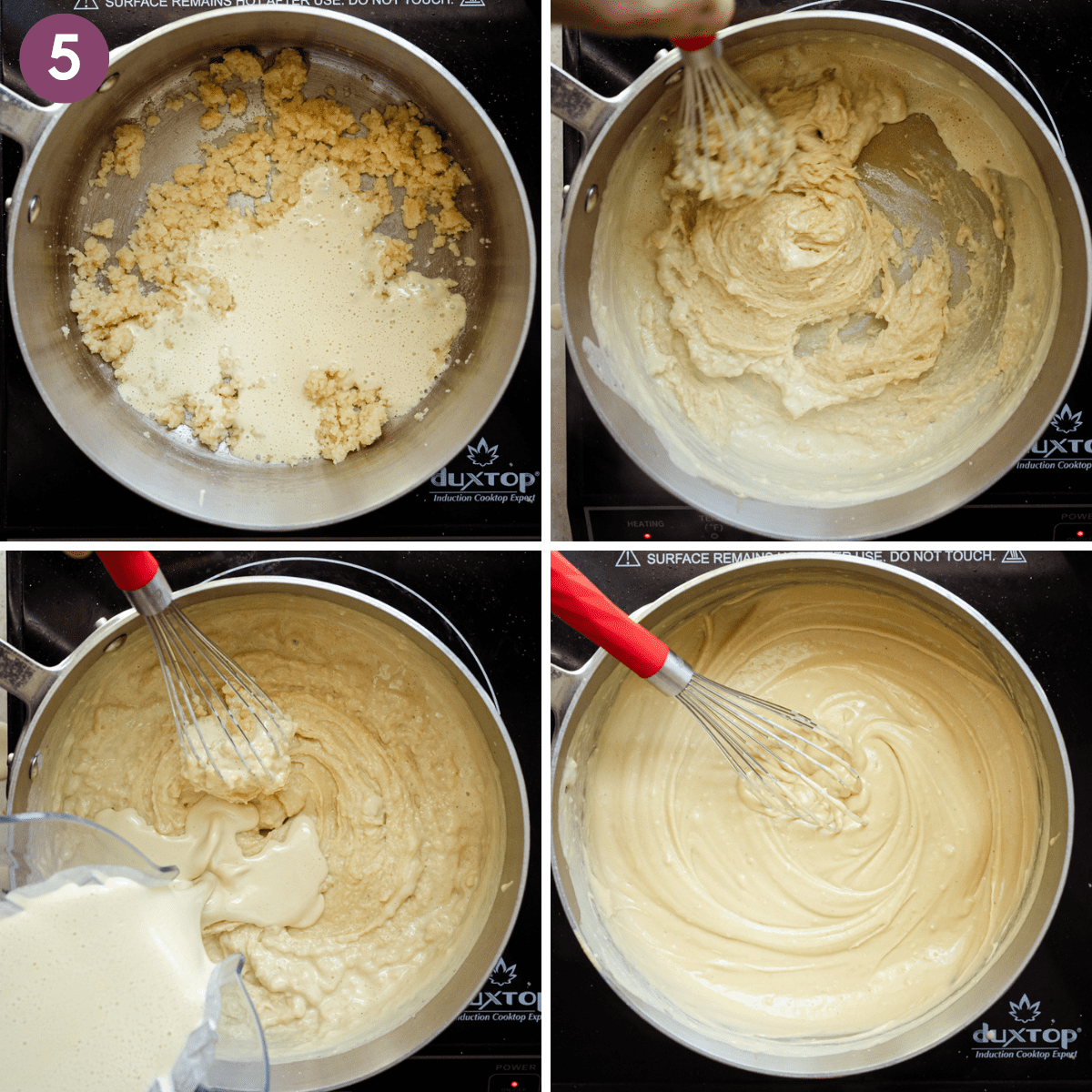 grid of four photos showing cashew milk pouring into a roux to make vegan bechamel sauce.