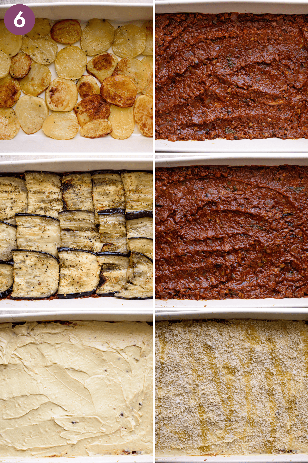 grid of six photos showing the assembly of vegan moussaka, layer by layer, in a casserole pan. 