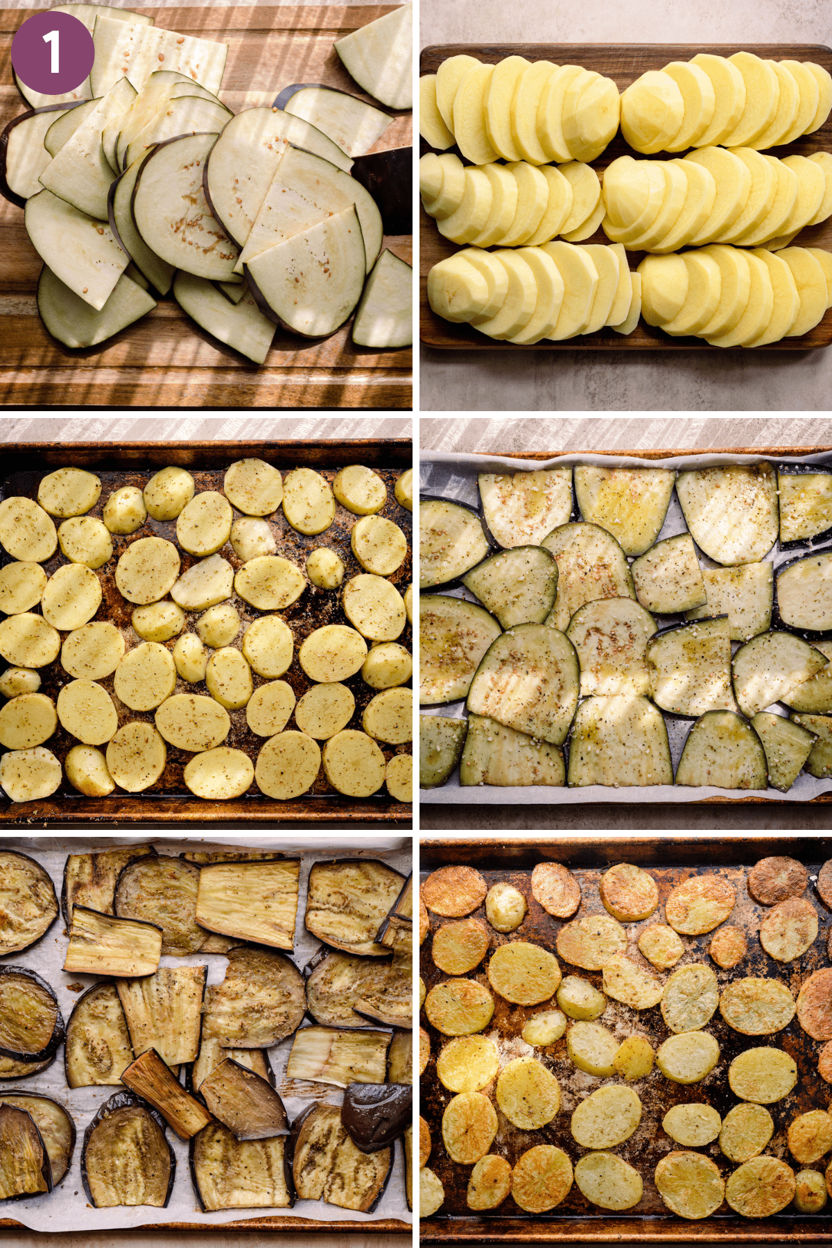 grid of six photos of sliced eggplant and potatoes being roasted on sheet pans.