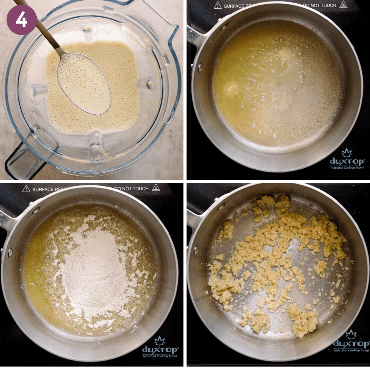 grid of four photos showing the process of making vegan bechamel sauce.