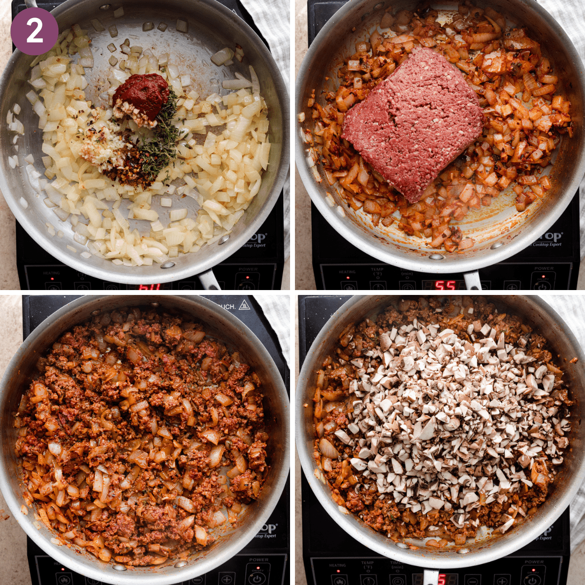 grid of four photos of sauteing aromatics, vegan ground meat, and mushrooms to make a vegan meat sauce.