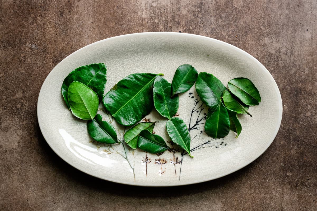 fresh makrut lime leaves on a beige platter on a brown table.