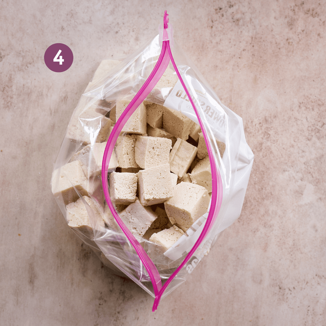 tofu cubes in a ziploc bag waiting to be marinated.