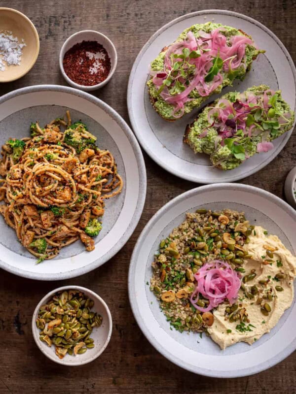 three high protein vegan meals on a table