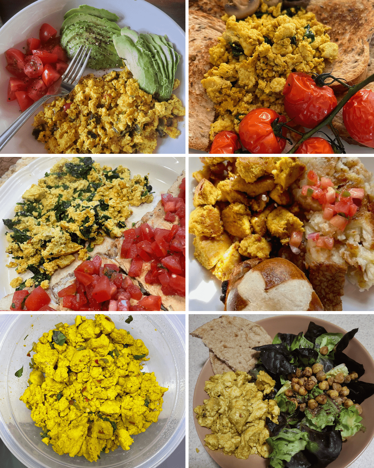 a collage of tofu scramble photos from RPL readers.