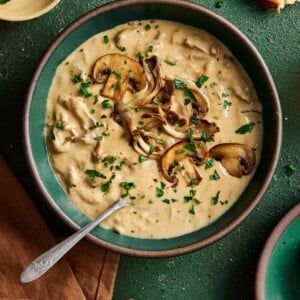 Bowl of creamy mushroom soup.