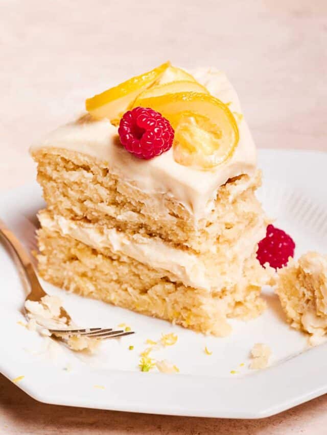 slice of vegan lemon cake on a plate.