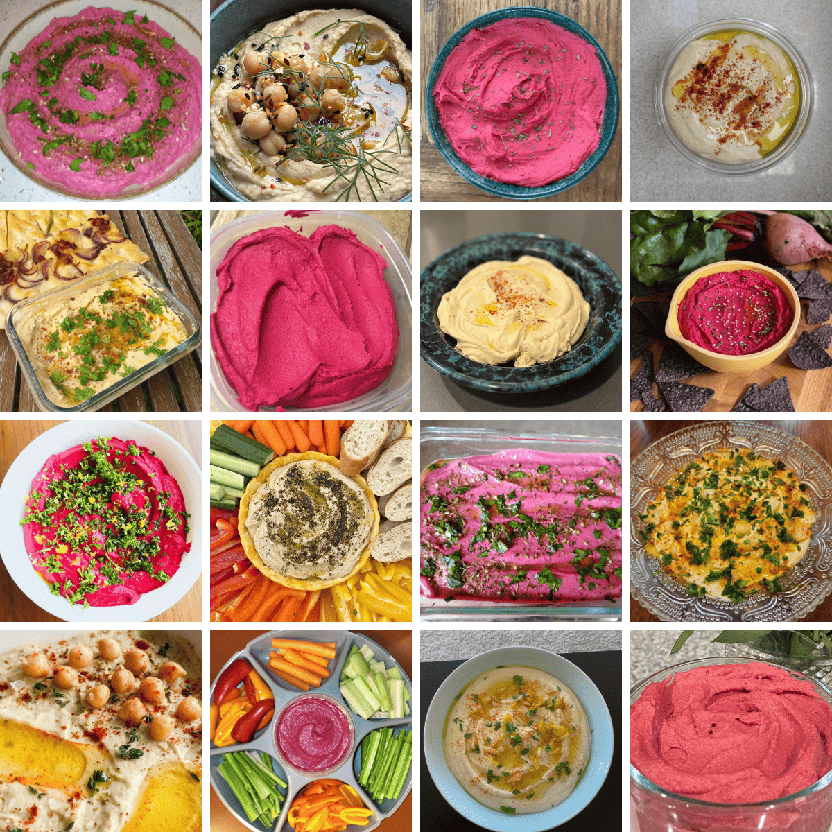 Grid of 16 regular and beet hummus recipe remake photos.