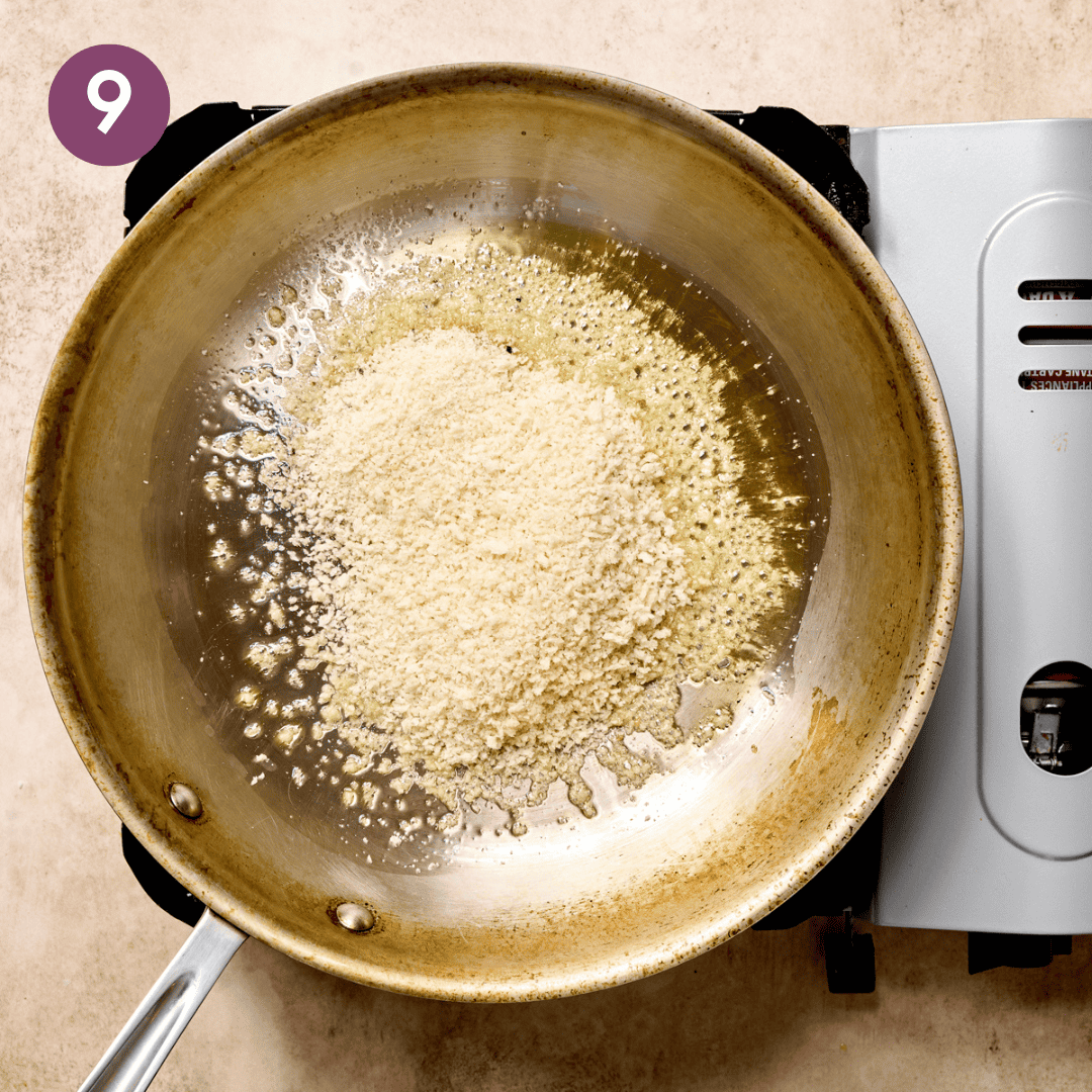 Olive oil, panko, salt and pepper in a skillet.