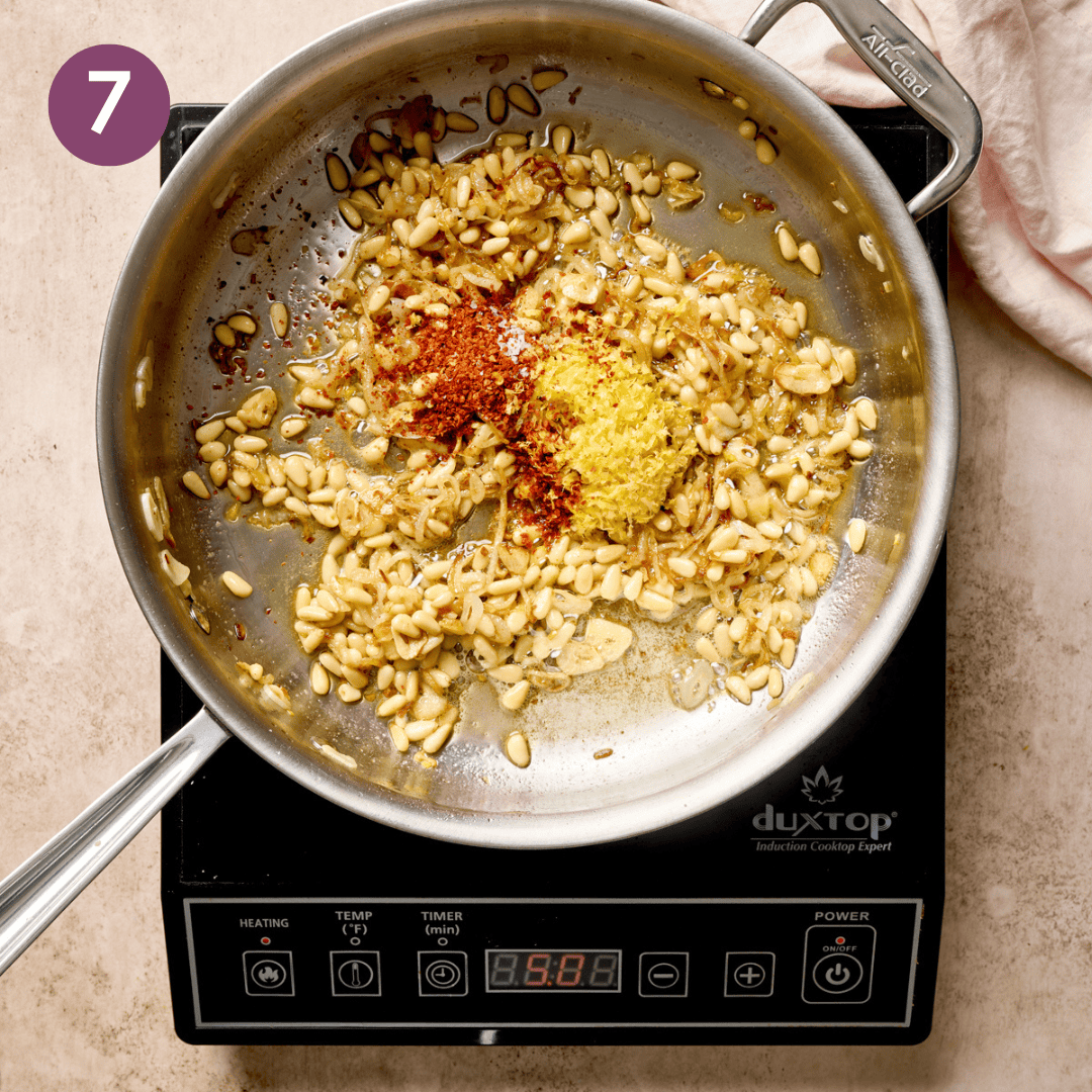 Lemon zest, chile flakes and flaky salt added to the pan.