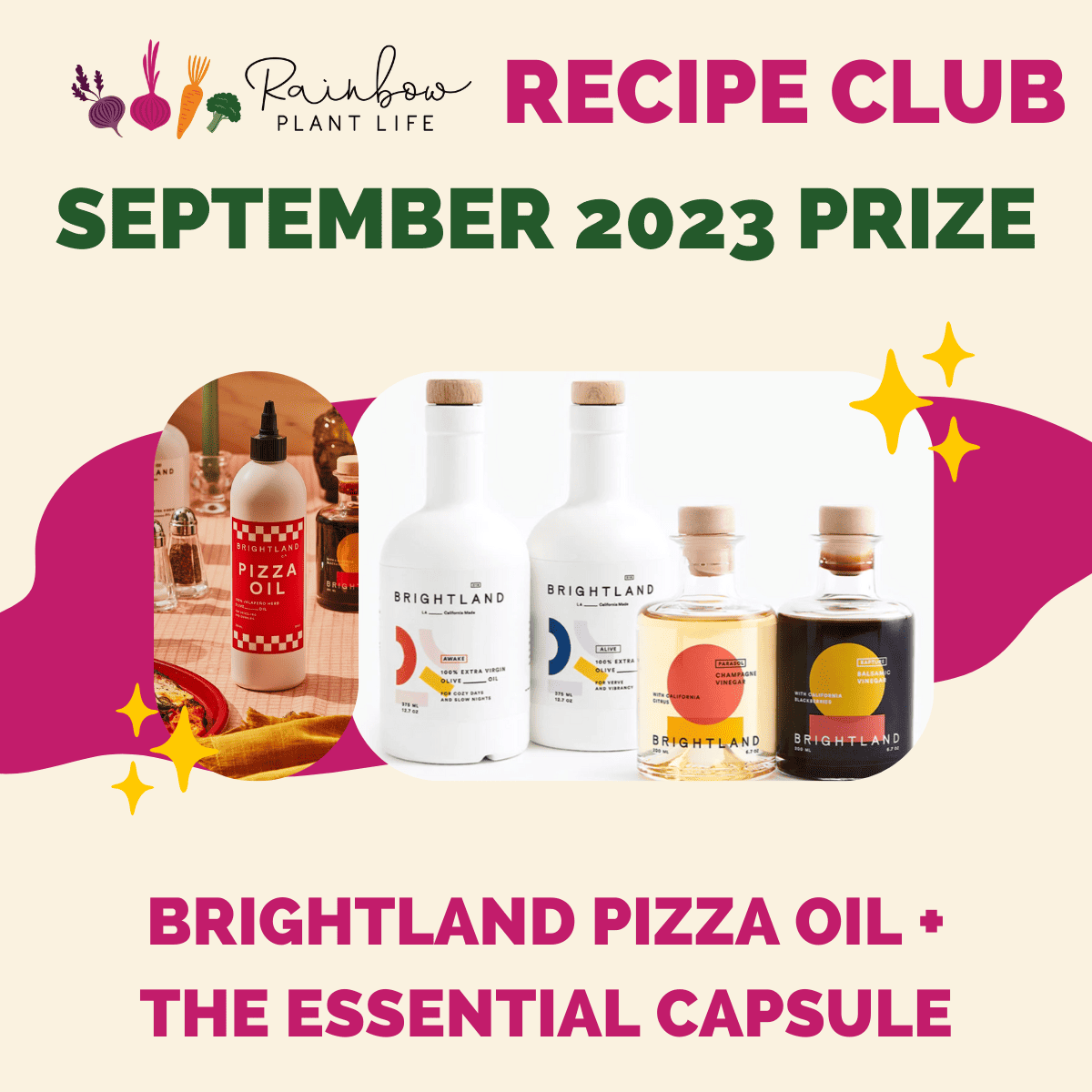 RPL recipe club graphic with brightland pizza oil and essential oil capsule.