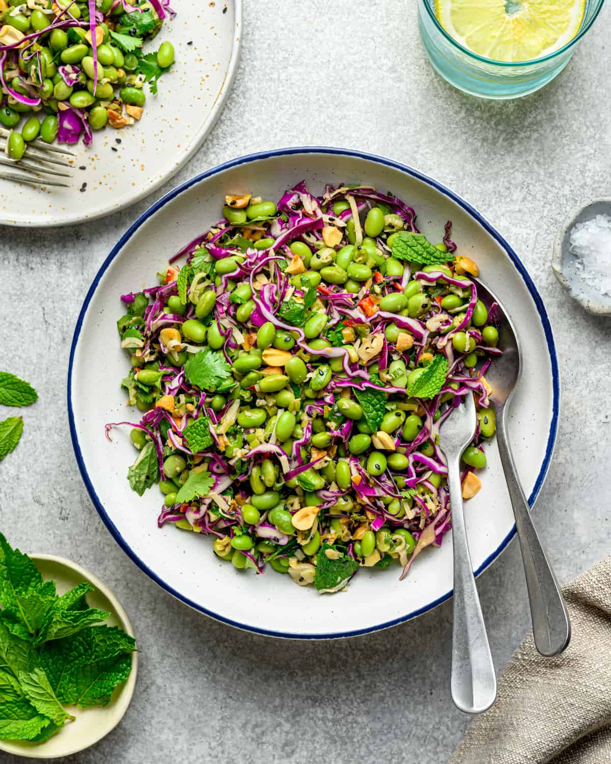 Two bowls of edamame salad and a bowl of fresh mint on a white table.