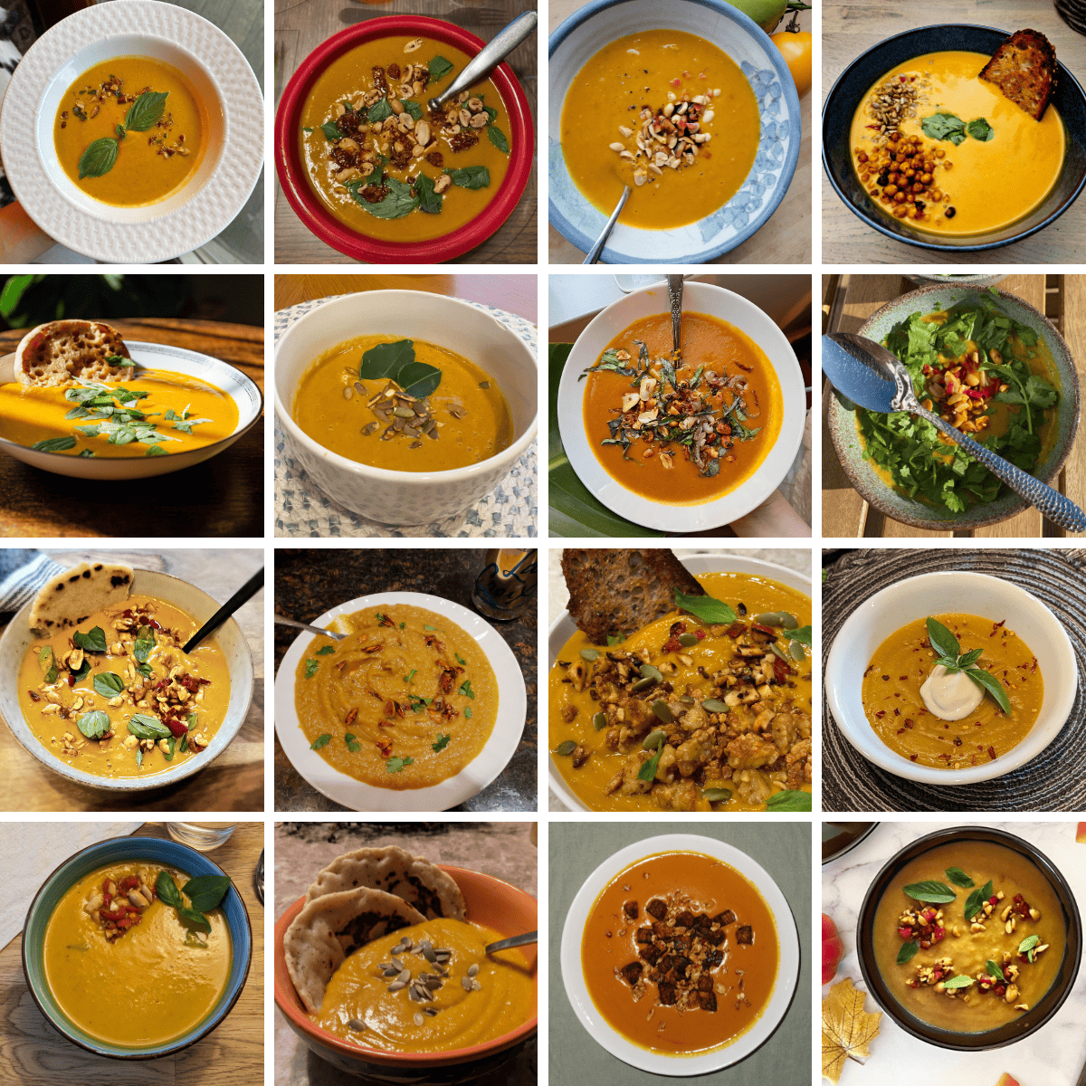 Grid of various people's thai pumpkin soup remakes.
