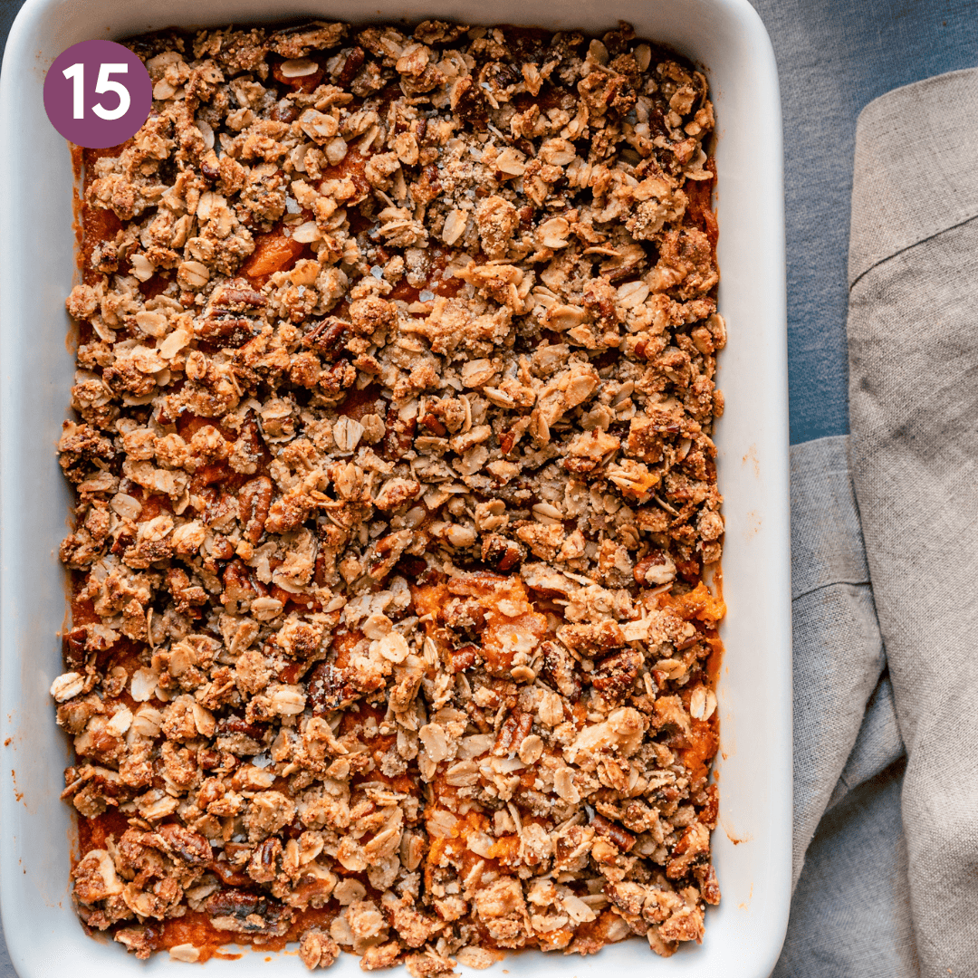 Cooked sweet potato casserole in the casserole dish.