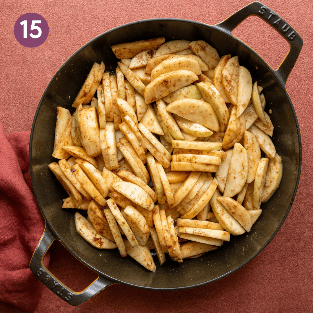 Apple filling in greased cast iron skillet.