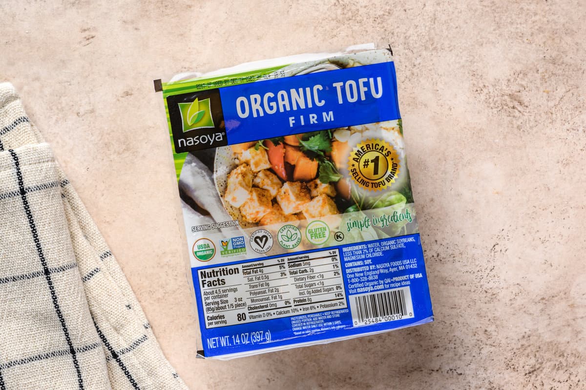 firm tofu package on a table.
