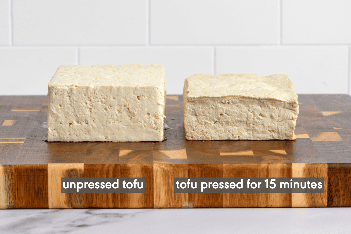 unpressed and pressed tofu next to each other on a cutting board.