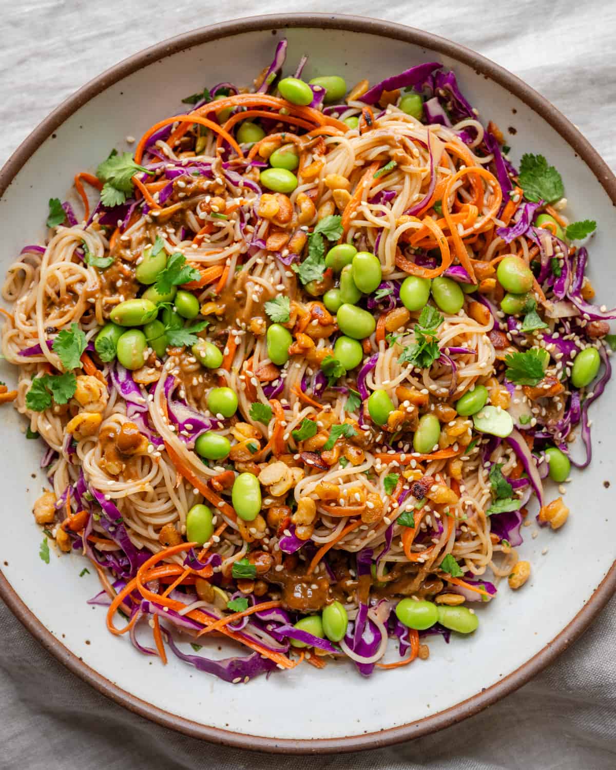 overhead view of a colorful veggie noodle salad with edamame in a bowl.
