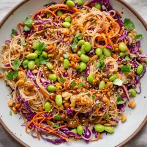 overhead view of noodle salad in a bowl.