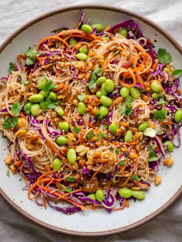 overhead view of noodle salad in a bowl.
