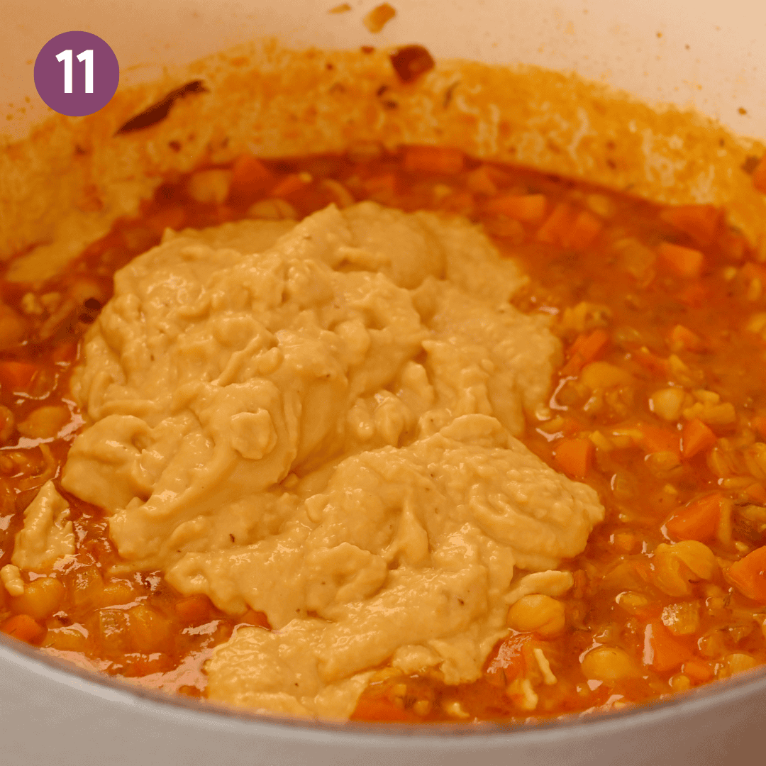 chickpea puree added to soup pot.